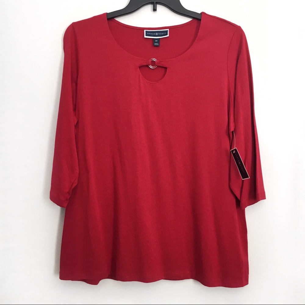 Karen *Scott 3/4 Sleeves Cotton Red T Shirt Top 1X